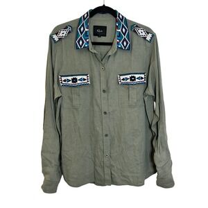 Rails‎ Kona Shirt Size L Sage Green Inca Embroidered Linen Blend Southwestern